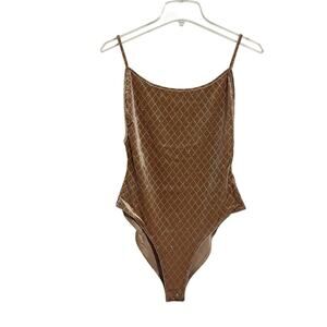 Velvet Diamond Check Print Bodysuit Top Size S Light Brown Metallic Cheeky NEW